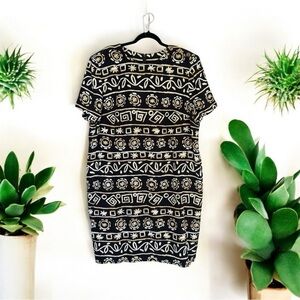 Maggy London Black and Cream Geometric Tribal Mini Dress with Wooden Buttons